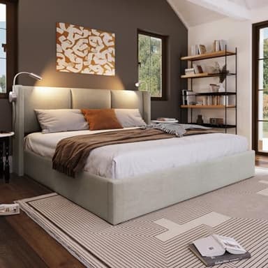 FEEOHOME Lit Double Modernecoffre 160x200 cm, Lit 2 Personnes, lit Coffre avec Espace de Rangement hydraulique et liseuse, Cadre de lit avec sommier à Lattes en Bois et Structure en métal
