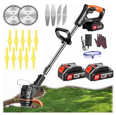 Coupe Bordure sans Fil avec Batterie, Debroussailleuse Electrique sans Fil, (2 Batteries de 4,0 A et Chargeur Rapide) Coupe Bordure, Débroussailleuse, avec 3 Types de Lames pour Jardin, Cour