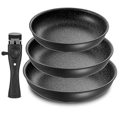 Fadware Lot de 3 poêles - 20 + 24 + 28 cm - Avec poignée amovible - Pour tous les types de feux dont induction - Revêtement anti-adhésif - Passe au four - Noir