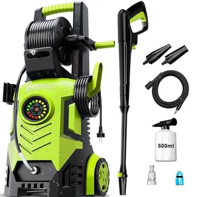 Nettoyeur Haute Pression réglable 100–200 Bar, 280–500 l/h, écran Tactile 8 Niveaux, Canon à Mousse et Buses réglables, Power Washer pour Voiture, clôtures et allées, Vert