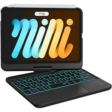 Earto Étui pour iPad Mini 7 avec clavier, Smart Trackpad, 7 couleurs, clavier rétroéclairé, rotatif à 360°, compatible avec iPad Mini 7/6 Génération 8,3" 2024/2021, disposition QWERTZ, noir