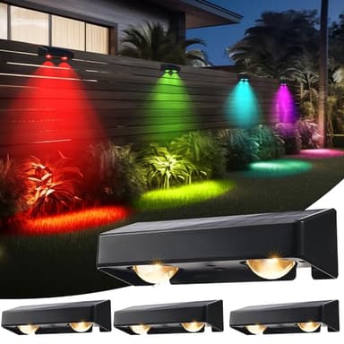 BrizLabs Lampe Solaire Exterieur Jardin, Lot de 4 Applique Murale Solaires 11 Modes Étanche LED Lumières de Clôture Éclairage Décoration pour Chemin Escalier Patio, Blanc Chaud+Blanc Froid+Couleur RVB