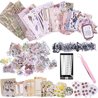 Carreuty Kit de 290 autocollants esthétiques pour albums de scrapbooking, papier décoratif pour loisirs créatifs, fleurs rétro, accessoires de journal, kit de papier pour fournitures de scrapbook