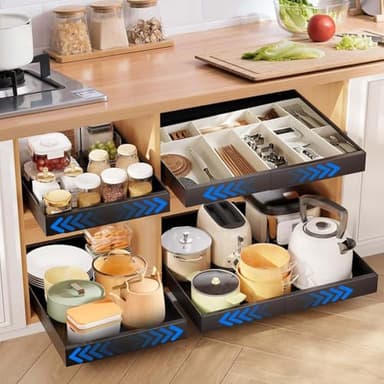 Farerkass Lot de 2 Tiroir Coulissant Cuisine Adhesif, Tiroir Coulissant Extensible, Largeur Ajustable 32-52cm, Organisateur de Tiroirs, Aucun Perçage Cuisine Salle de Bain