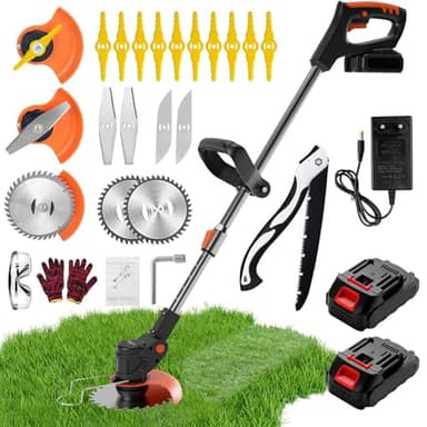 Gompuy DéBroussailleuse à Batterie Electrique 21V 2.0AH Coupe Bordure sans Fil avec 2 Batterie & avec 3 Types De Lames, Pliage Rétractable, Tête Pivotante 90°pour Jardin Élagage