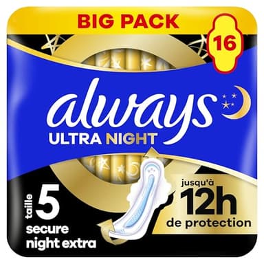 Always Ultra Serviettes Menstruelles Secure Night Extra (taille 5) Avec Ailettes 16 Serviettes, Super Absorbantes Et Ultra-Fines, Pour Règles