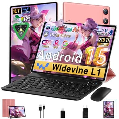 Android 15 Tablette 10 Pouces 30Go RAM+64Go ROM (2To/TF), Gemini AI, Octa-Core, 1280 * 800 FHD IPS, 5MP + 13MP, Veille Extra Longue, 5G WiFi, Widevine L1, Face ID, GMS, Tablette avec clavier - Or Rose