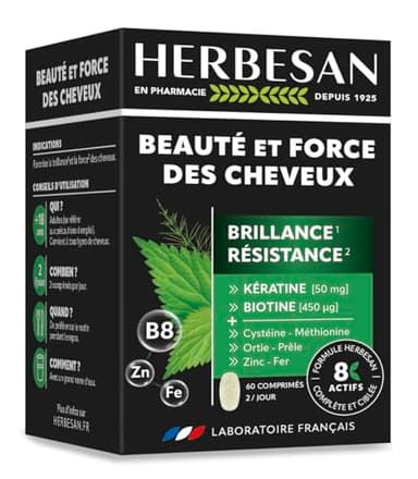 HERBESAN - BEAUTÉ & FORCE DES CHEVEUX - Brillance, Éclat et Résistance - 8 actifs à l'action ciblée et complète dont Kératine, Biotine, Zinc, Ortie & Prêle - 60 comprimés