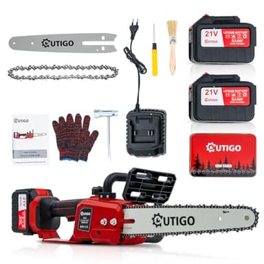 OUTIGO Tronçonneuse à batterie, Tronçonneuse, Tronçonneuse 12 pouces 2 * 4500 mah Batteries, 1Chaînes et 1lames, MINI Tronçonneuse électrique sans fil 1000w
