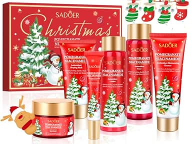 Coffret de soins pour la peau de Noël pour femmes, coffret de soins pour le visage 6 pièces avec nettoyant, tonique, crème, lotion, crème pour les yeux, masque de nuit, petits cadeaux de Noël