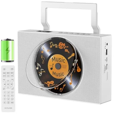 Gueray Lecteur CD Portable avec Radio: Lecteur CD Bluetooth avec Poignée, Haut-parleurs, écran Télécommande Compatible avec la Lecture en Boucle Lecture AUX 3,5 mm Prise Casque Radio FM USB Type-C MP3