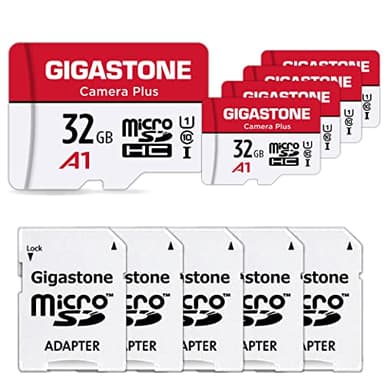 Gigastone Carte Mémoire 32 Go Lot de 5 Cartes, Caméra Plus Série, Vitesse allant jusqu'à 90 Mo/s. idéal pour Full HD Video Gopro Drone Caméra, U1 Carte Micro SDHC avec Mini Coque et Adaptateur
