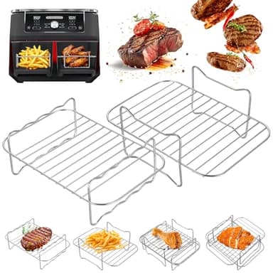 2 Pcs Grille Air Fryer, Grille pour Friteuse à Air en acier inoxydable 304, grille friteuse à airs empilables Compatibles avec Ninja, Cosori, Russell Hobbs double zone de 7,6 à 10,4 L