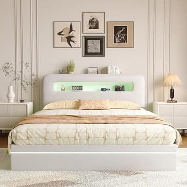 EZSSW Lit Boxspring 160x200 avec fonction de rangement hydraulique, tête de lit avec éclairage LED et étagère, sommier à lattes, en velours, beige, matelas non inclus, beige, 160 x 200 cm