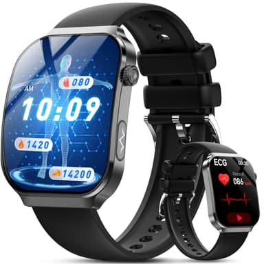 Montre connectée Homme ECG+HRV/Pressιon artérιelle/𝐆𝐥𝐲𝐜é𝐦𝐢𝐞/Mini-bilan de santé/IMC/Acide Urique,2.2" Écran incurvé 3D Smartwatch avec 24H Fréquence cardiaque/Analyse du sommeil, Android/iOS