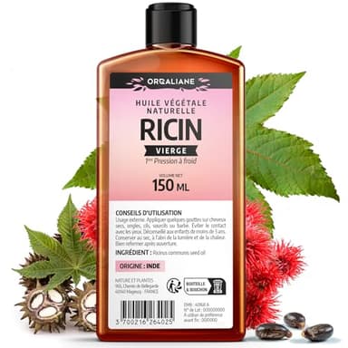 Huile de Ricin 150 ml - Orgaliane - Pure et Naturelle - Barbe, Cheveux, Cils, Ongles, Peau.