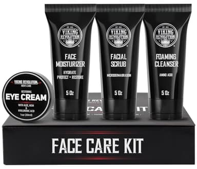Viking Revolution - Coffret Soin Visage Homme - Inclut (142 ml chacun) 1 Crème Hydratante, 1 Gommage Visage Exfoliant, 1 Nettoyant Visage, 1 Crème pour les Yeux (29ml) - Cadeau Homme