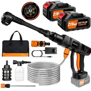 Nettoyeur Haute Pression sans Fil,21V 45 Bar/652 PSI Nettoyeur Haute Pression Portable avec 2PCS 3.0Ah Batterie, buse réglable 6 en 1, Tuyau de 5 m, Nettoyeur à Pression pour Voiture/Plancher/Jardin