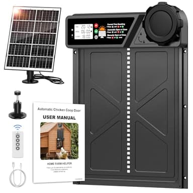 Grande Porte Poulailler Automatique Solaire, MASTERFUN Porte Automatique Poulailler Solaire en Aluminium avec Écran LCD Étanche, Minuterie, Télécommande, Fonction Anti-pincement, Noir