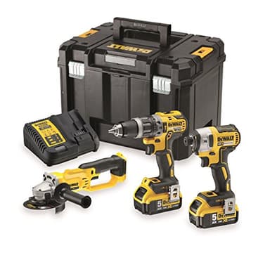 DEWALT - Kit 3 outils Perceuse Visseuse à percussion, Meuleuse et Visseuse à chocs, 2x 5Ah batterie, 18V, DCK383P2T-QW
