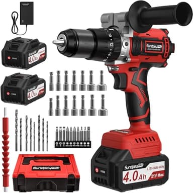 SundpeyPRO Perceuse Visseuse Sans Fil 21V - 120Nm Max Brushless Perceuse Percussion Sans Fil, Visseuse Devisseuse avec 2 Batteries 4.0Ah, 20+3 RéGlages de Couple, 13mm Mandrin, 2 Vitesses, Led
