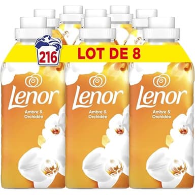Lenor Adoucissant 216 Lavages (27x8), Parfum Ambre et Orchidée, 24H De Fraîcheur Relaxante, Avec Une Touche D’Huiles Essentielles, Testé Dermatologiquement, Fabriqué En France