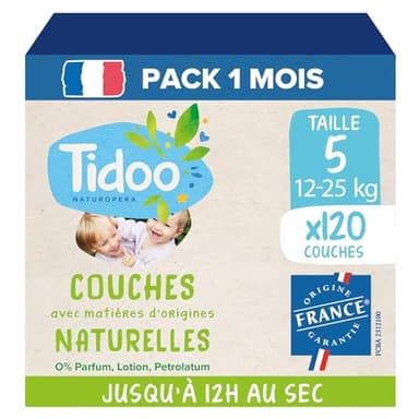TIDOO - Couches écologique Taille 5 (12-25kg) - Origine Naturelle, sans substances nocives - 12h au sec, ultra absorbantes - Fabriquées en France - 120 Couches Jetables - Pack 1 Mois
