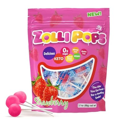 Zollipops Clean Teeth Pops Bonbons sans sucre avec xylitol, sucettes sans colorant, adaptées aux régimes cétogènes et diabétiques, gâteries approuvées par les dentistes pour enfants (fraise, 88,9 g)