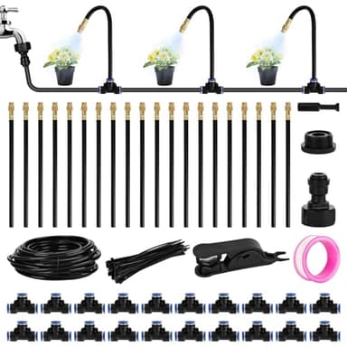 Trendecor Kit de système d'irrigation automatique de 20 m, système d'irrigation goutte à goutte pliable à 360 ° avec 20 buses de brumisation réglables, buse en cuivre atomisante pour terrasse, jardin