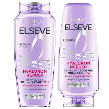L'Oréal Paris - Duo Shampooing & Démêlant Ré-Hydratant - Tous Types de Cheveux Déshydratés - Enrichi à l'Acide Hyaluronique - Elseve Hyaluron Repulp - 300ml + 250ml