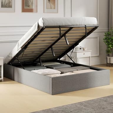 HOMCOM Lit Coffre 140 x 190 cm, Cadre de lit Double rembourré en Tissu Aspect Lin, sommier à Lattes en Bois, Rangement caché, sans Bruit, vérin à gaz, Montage Facile, Gris