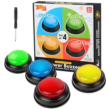 Adiwo Set de 4 Buzzers de Réponse, Buzzer Sonore et Lumineux avec 4 Sons Préenregistrés, Buzzers Sonores Colorés, Buzzer Blind Test pour l'interaction, Réponse Rapide, Jeux et la Formation