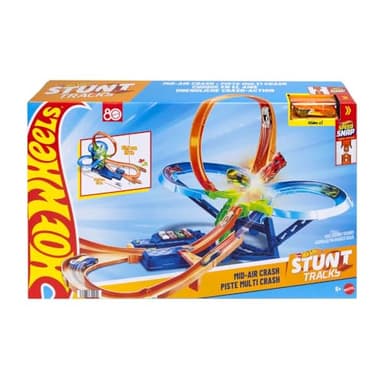 Hot Wheels Coffret Piste Multi Crash avec Voiture à l’échelle 1/64 et propulseur motorisé pour des Cascades et des Courses en continu, JKJ78