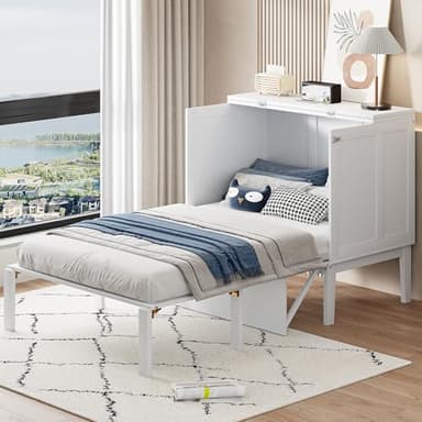 Merax Lit Escamotable 90 x 200 cm, avec Sommier à Lattes, Lit Mural pour Adolescents et Adultes, Blanc (sans Matelas)