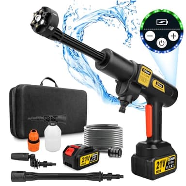 Gisam Nettoyeur Haute Pression à Batterie, Max 943 PSI avec 2 x 4000mah Batteries, Pulvérisateur de Mousse, 6-en-1 Multi-Usage Buse et 180° Buse Pivotante pour Le Nettoyage et Arrosage (Gisam-01)