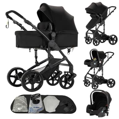 Poussette 3 en 1 convertible réversible | Châssis triangulaire & suspension double ressort | Pliage en un clic pour nouveau-nés et toddlers(Noir)