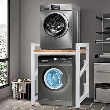 JXZ Meuble Machine à Laver, Superposition Lave Linge Seche Linge, 3 Hauteurs Réglables, Capacité Charge 300kg pour Buanderie Salon Salle De Bain Cuisine Balcon(Blanc, Tableau en Bois)