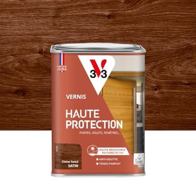 V33 Vernis bois extérieur Chêne foncé satin - Haute Protection - Haute résistance rayures et UV - Anti-goutte et tendu bon - Ecolabel - 1L
