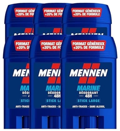 MENNEN - MARINE Deodorant Homme 24H - Stick Large - Sans Alcool - Anti-Traces - 60 ml - Lot de 6