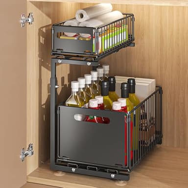 LANTUS Rangements sous Evier 2 Niveaux Organisateur Coulissant,Paniers Coulissants, Empilable,Étagères pour Placard Meuble Cuisine Salle Bain,26,5 x 38 x 48,5 cm (noir)