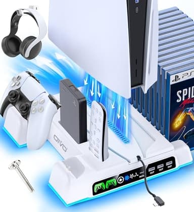 OIVO Support PS5 pour PS5/ Pro/ Slim, Ventilateur de Refroidissement PS à 3 Vitesses, Chargeur Manette Play 5 avec Indicateur RVB, Socle PS Cinq avec 3 Ports USB et 14 Emplacements de Jeu