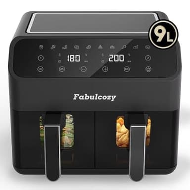Fabulcozy Friteuse Sans Huile Dual Zone 9L Air Fryer avec 10 Programmes Grande Fenêtre Friteuse à Air XXL avec Double Panier, Airfryer Écran Tactile LED