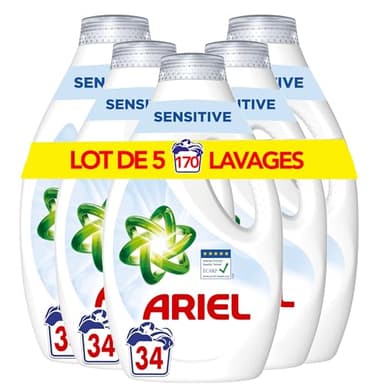 Ariel Lessive Liquide, 136 Lavages (4x34), Sensible, 0% Colorants, Testé Dermatologiquement, Élimine Les Taches Incrustées, Impeccable Même En Cycle Court Et À Froid, Fabriqué en France