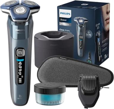 Philips Rasoir Philips Series 7000 - rasoir électrique Wet & Dry bleu glacier avec tondeuse rétractable intégrée, tondeuse à barbe, coffret de voyage, Quick Clean Pod et socle de charge (S7882/54)