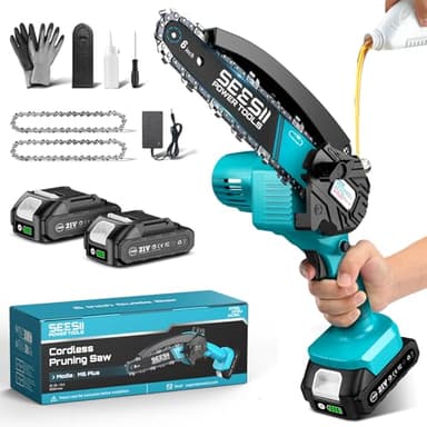 Mini Tronçonneuse à Batterie, Seesii 6 Pouces Tronçonneuse Électrique sans Fil, avec Injecteur de Lubrifiant et 2 Batteries, Mini Scie à Chaîne Électrique Rechargeable, 2 Chaînes