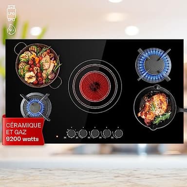 Klarstein Plaque de Cuisson Mixte Gaz et Vitrocéramique 5 Feux, Table de Cuisson Vitro de 9.2 kW en Acier Inoxydable