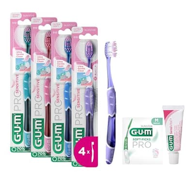 Brosse à dents GUM PRO SENSITIVE | brins ultra-doux pour dents et gencives sensibles | tête compacte | 4 x 1 pièce (avec 1 échantillon gratuit)