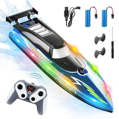 Weslery Bateau télécommandé, Bateau électrique Grande Vitesse étanche 2,4 GHz avec 2 Piles Rechargeables et lumière LED, Ship Course électrique sans pour Enfants Adultes Piscine lac rivière (Blue)