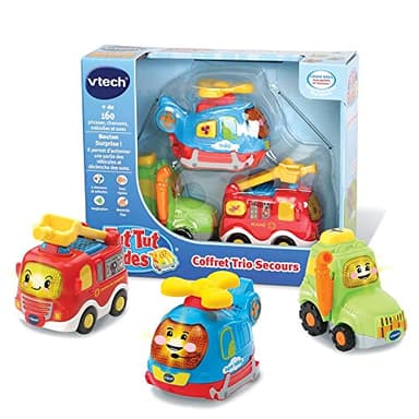 VTech - Tut Tut Bolides, Coffret Trio Secours, 3 Voitures Interactives, Camion de Pompiers, Tracteur et Hélicoptère, Jouet Musical et Sonore, Cadeau Enfant de 1 an à 5 Ans - Contenu en Français