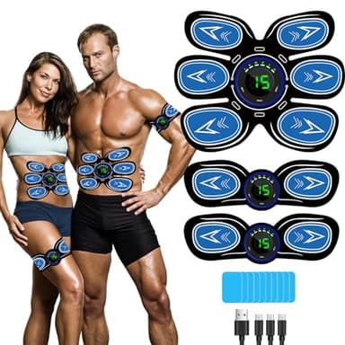 SEVEKO Electrostimulateur Musculaire, Ceinture Abdominale Electrostimulation, Abdos Musculation Appareil, EMS Entraînement Abdominal 6 Modes & 15 Intensités, 10 Tampons de Rechange